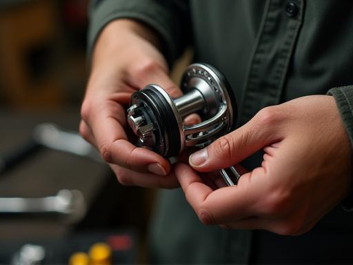 Close-up of a technician's hands carefully servicing a fishing reel.
